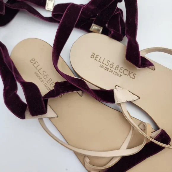 Bells & Becks Italy Velvet Leather Strappy Sandals Maroon Open Toe 8.5 Tie Ankle - Picture 6 of 8